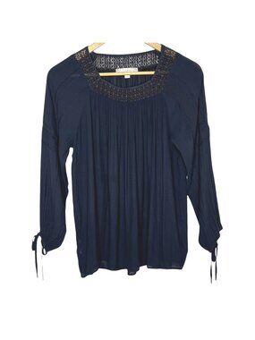 LOFT Navy Peasant Blouse Womens Small Boho Long Sleeve Shirred Cottagecore